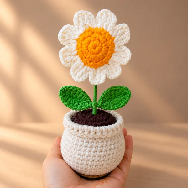 White crochet daisy in a crochet pot