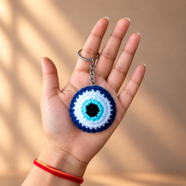 Crochet evil eye keychain held in a hand
