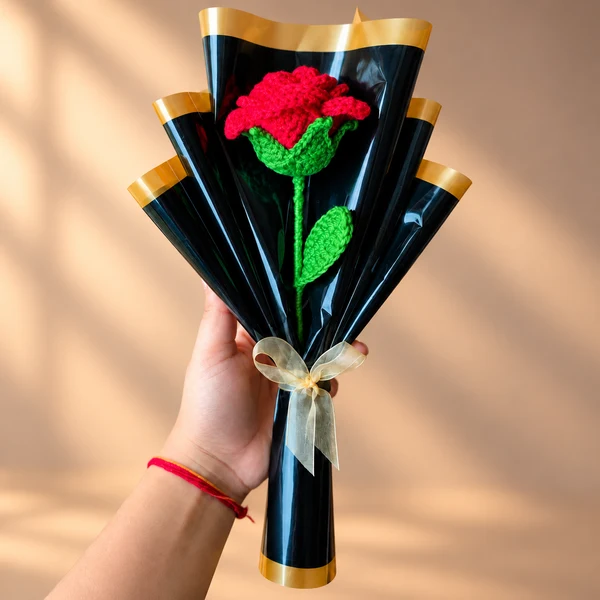 Red crochet rose bouquet with a single rose