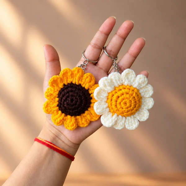Crochet sunflower and daisy keychains held in a hand